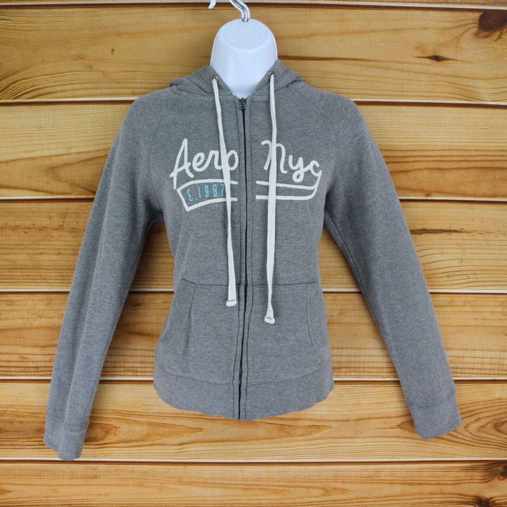 Aeropostale "NYC" Full Zip Hoodie Jacket Fleece-Lined Womens M 19 Gray Pockets